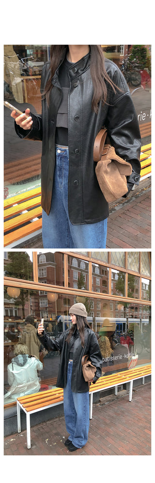 (2 colors) High-neck half leather jacket