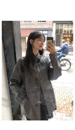 (2 colors) High-neck half leather jacket