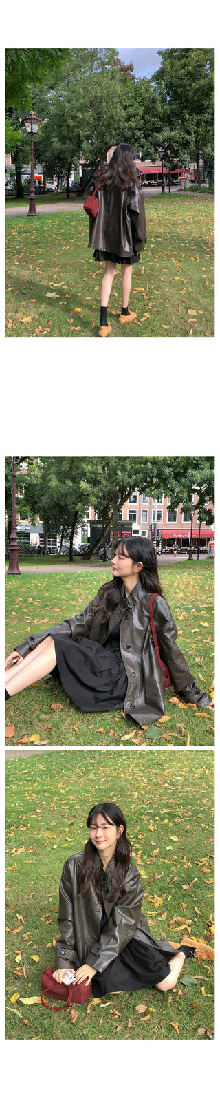 (2 colors) High-neck half leather jacket