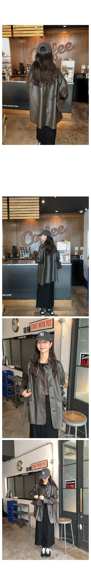 (2 colors) High-neck half leather jacket