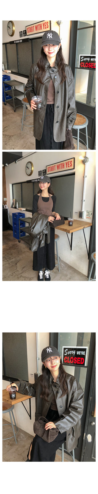 (2 colors) High-neck half leather jacket