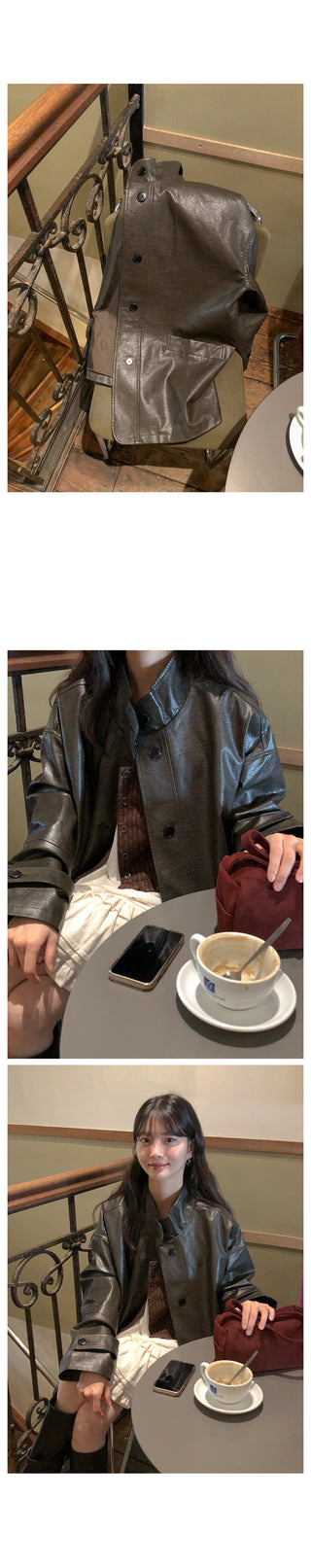 (2 colors) High-neck half leather jacket