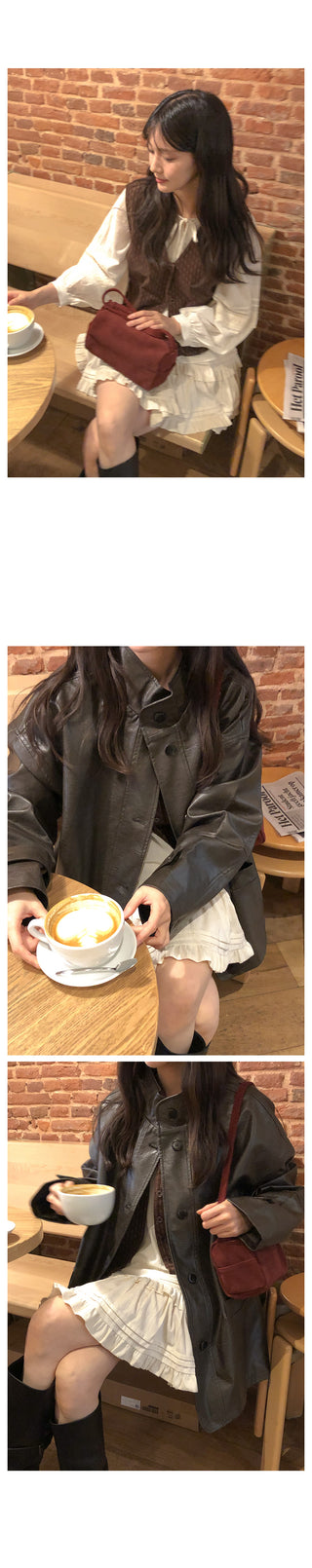 (2 colors) High-neck half leather jacket