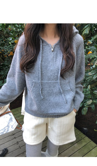 (set) (4 colors) Knit hooded half-zip up set