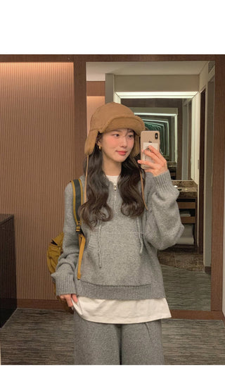 (set) (4 colors) Knit hooded half-zip up set