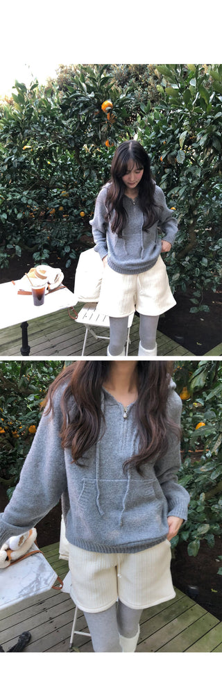 (set) (4 colors) Knit hooded half-zip up set