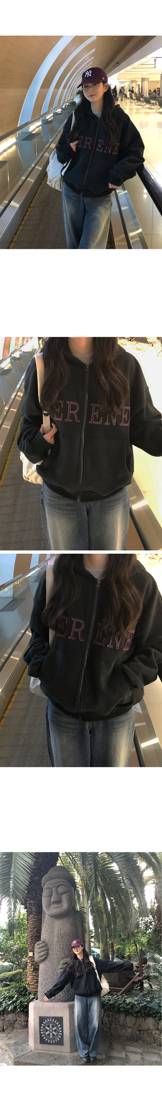 (2 colors) Fleece-lined hooded zip-up