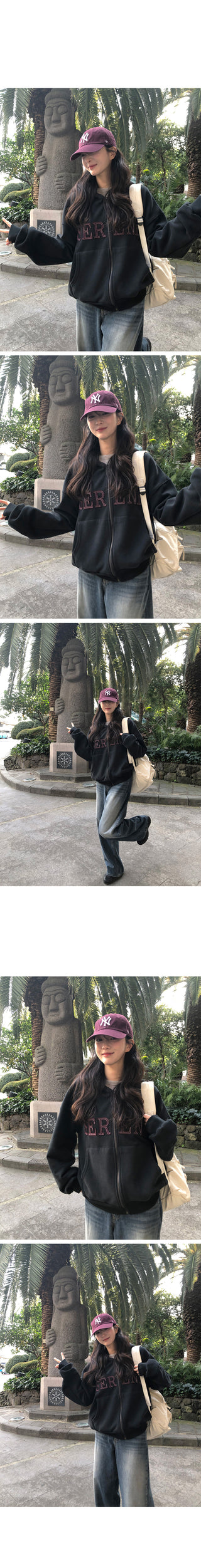 (2 colors) Fleece-lined hooded zip-up