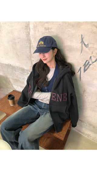 (2 colors) Fleece-lined hooded zip-up