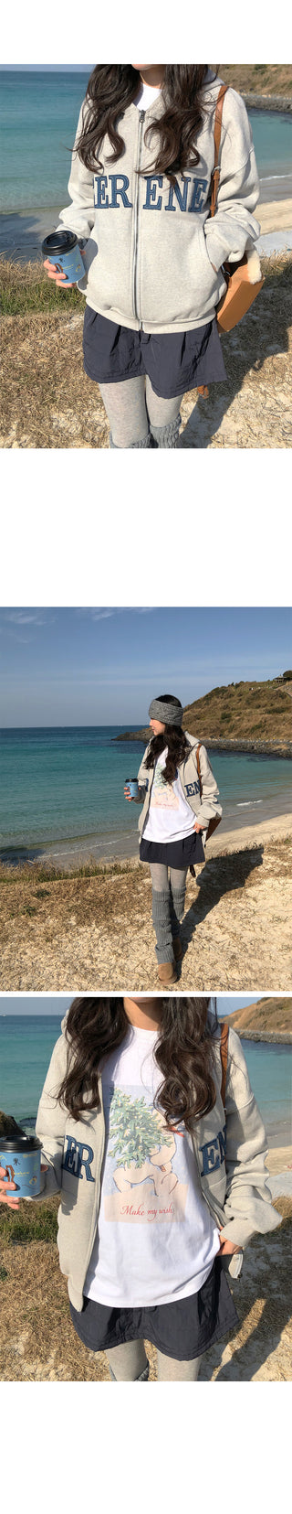 (2 colors) Fleece-lined hooded zip-up