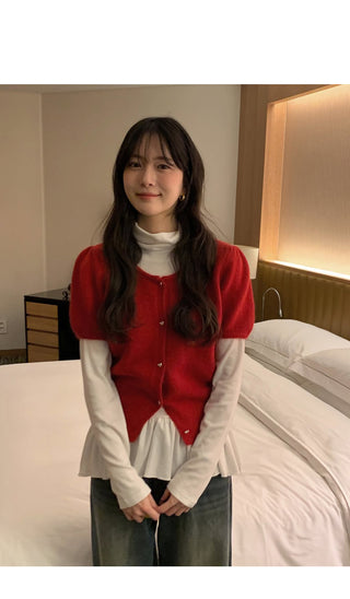 (3 colors) Frilled fleece-lined turtleneck T-shirt