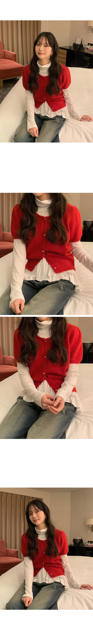 (3 colors) Frilled fleece-lined turtleneck T-shirt