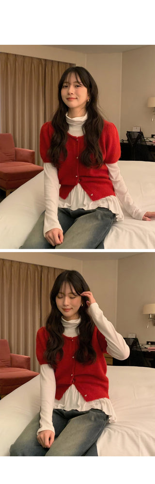 (3 colors) Frilled fleece-lined turtleneck T-shirt