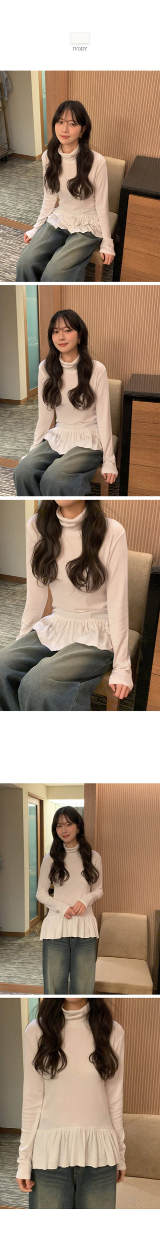 (3 colors) Frilled fleece-lined turtleneck T-shirt