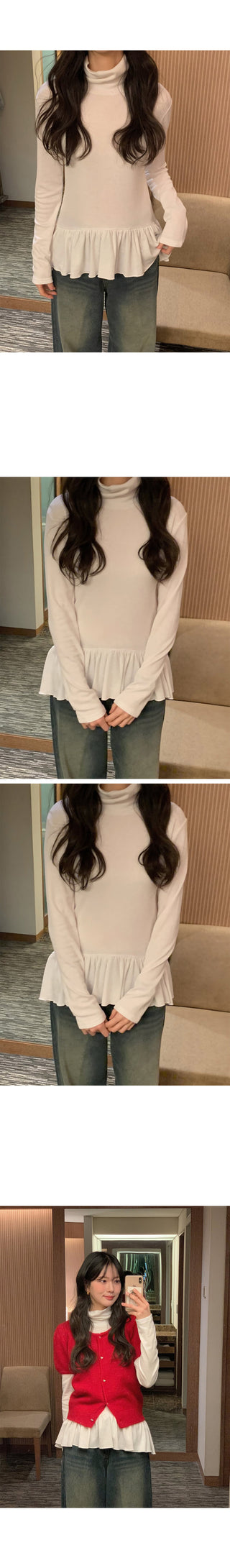 (3 colors) Frilled fleece-lined turtleneck T-shirt
