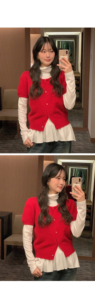 (3 colors) Frilled fleece-lined turtleneck T-shirt