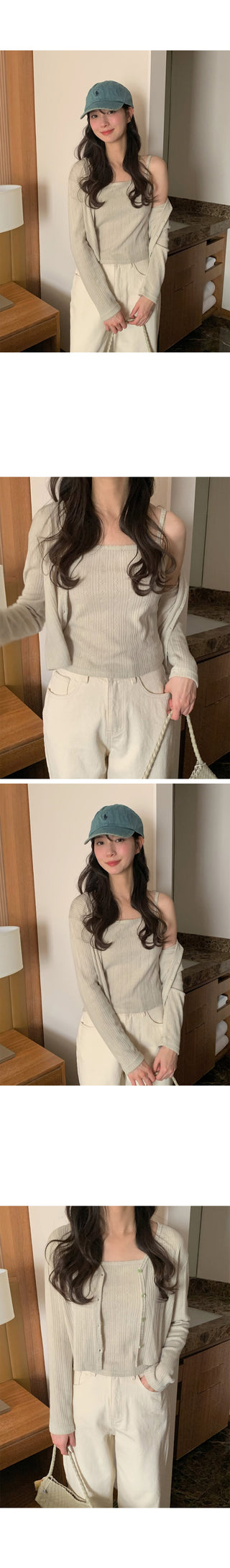 (Set) (3 colors) Slim Fit Camisole Cardigan Set