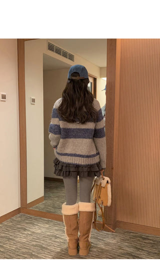 (2 colors) Striped knit zip-up