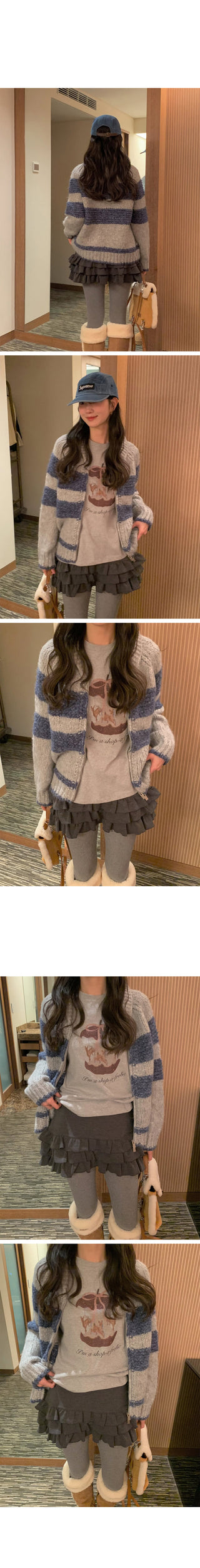(2 colors) Striped knit zip-up