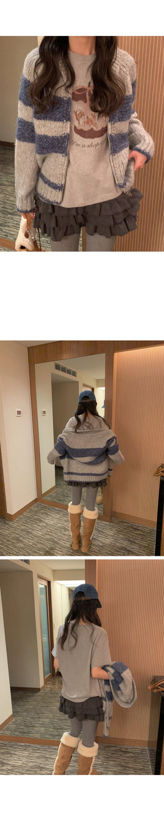 (2 colors) Striped knit zip-up