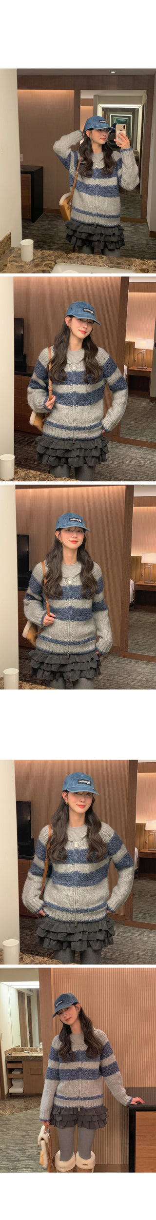 (2 colors) Striped knit zip-up