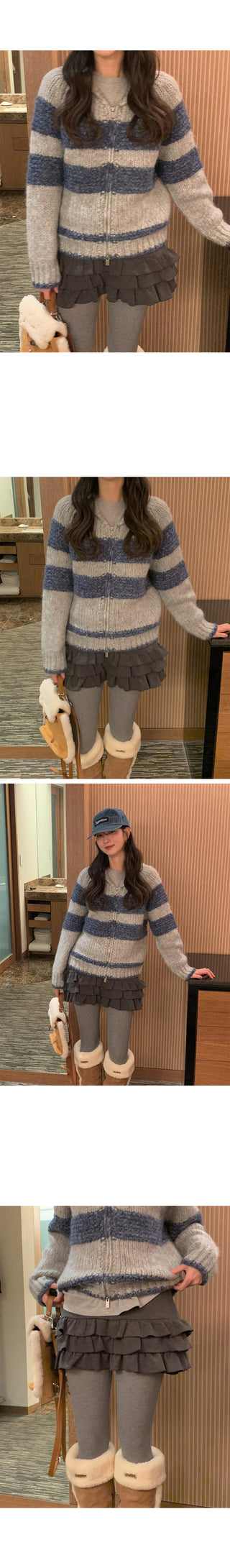 (2 colors) Striped knit zip-up
