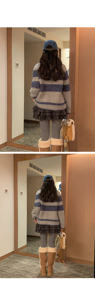 (2 colors) Striped knit zip-up
