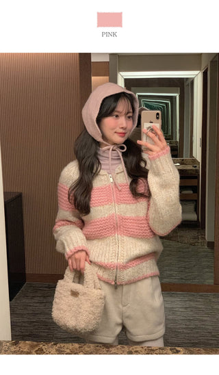 (2 colors) Striped knit zip-up