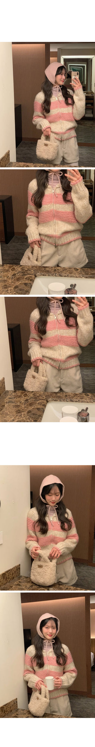 (2 colors) Striped knit zip-up