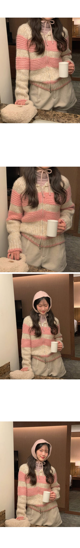 (2 colors) Striped knit zip-up