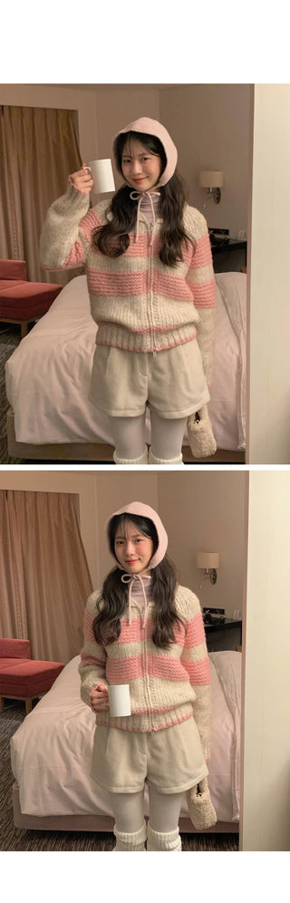 (2 colors) Striped knit zip-up