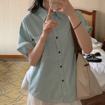 Oversized Vintage Denim Short-Sleeve Shirt