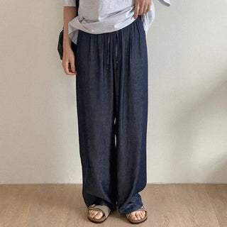 Wide-leg denim pants with elastic waistband