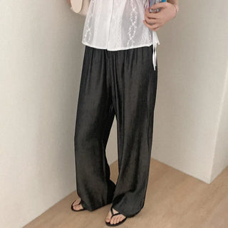 Wide-leg denim pants with elastic waistband