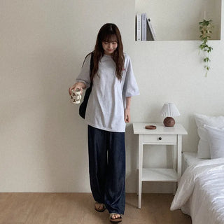 Wide-leg denim pants with elastic waistband