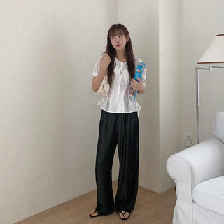 Wide-leg denim pants with elastic waistband