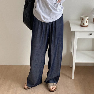 Wide-leg denim pants with elastic waistband