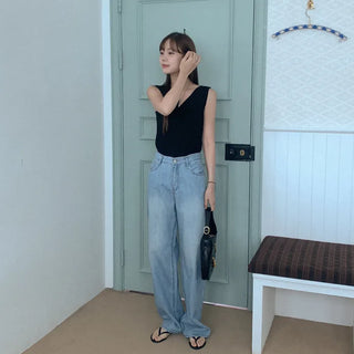Linen straight denim pants