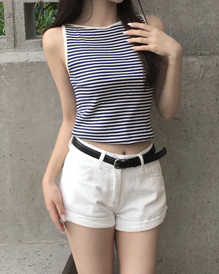 Striped boat neck sleeveless top