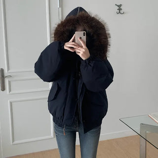 Fur-hooded duffel button-down coat