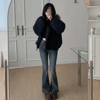 Fur-hooded duffel button-down coat