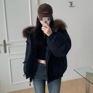 Fur-hooded duffel button-down coat