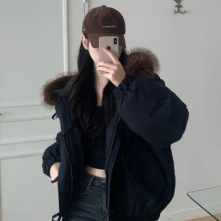 Fur-hooded duffel button-down coat