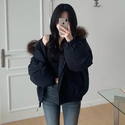 Fur-hooded duffel button-down coat