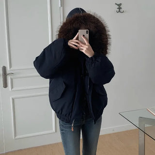 Fur-hooded duffel button-down coat
