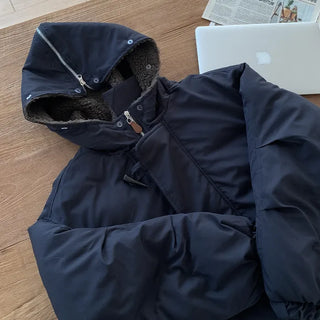Fur-hooded duffel button-down coat