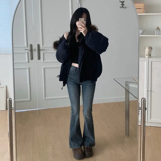 Fur-hooded duffel button-down coat