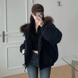 Fur-hooded duffel button-down coat