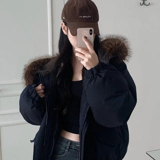 Fur-hooded duffel button-down coat
