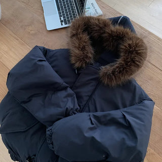 Fur-hooded duffel button-down coat